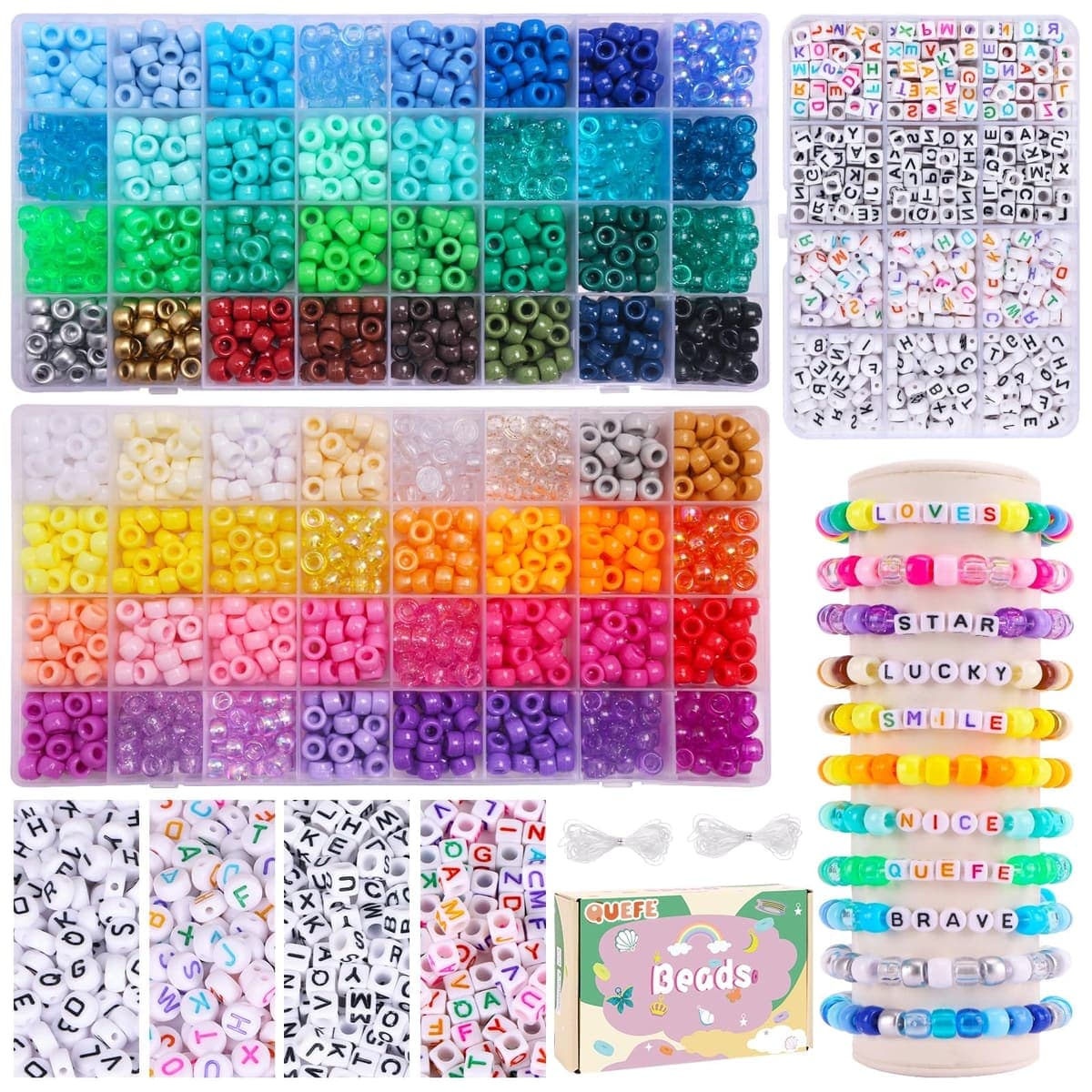 Quefe Rainbow Pony Bead Bracelet Kit with Letter Beads